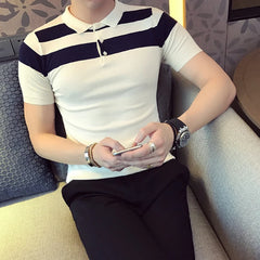 Threebooy Social Knitting Slim Polo British Style Stripes POLO Shirt Men Summer Short Sleeve Men's POLO Slim Fit Casual Polo Homme