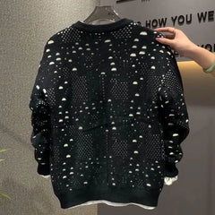 Threebooy Mens Sweater Cotton Hollow Contrast Color Knitted Sweater Fashion Streetwear Trend Youth Casual Long Sleeve Top Men'S Clothing