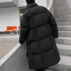 Threebooy Mens Silk-Like Cotton Filling Coat Inner Pockets Warm Cotton-Padded Coat Winter Couples Fashion British Elegant Long Coat Unisex
