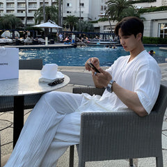 Threebooy Summer Men's Loose Ice Silk Suits Fashion Casual V-neck Short Sleeve T-shirt And Pants Drape Two-piece Sets Men Clothes