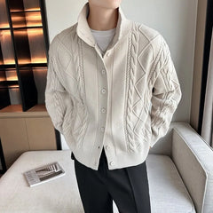Threebooy New Korean Style Jacquard Men Cardigan Jackets Fashion Luxury Knitted Button-down Long Sleeve Sweater Coat Winter Warm Knitwear