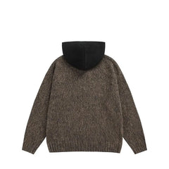 Threebooy Elegant Versatile Long Sleeve Angora Hooded Zip-Up Cardigan Sweater Street Style Color Blocking