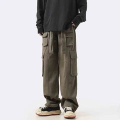 Threebooy American Street Loose Versatile Straight Workwear Pants Men's Solid Patchwork Waist Bandage Pocket Casual Trend Wide Leg Trouser