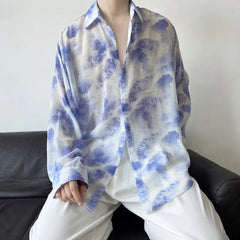 Threebooy Mens Shirt Ink Style Tie-Dye Shirt Niche Personality Streetwear Beach Vacation Chiffon Long-Sleeve Top Men'S Clothing Summer