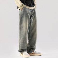 Threebooy New autumn winter washed yellow mud jeans for men with a high-end feel, American plus size wide leg pants