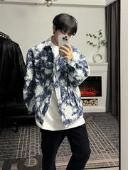 Threebooy Korean Retro Vintage Jacquard Short Shoulder Pad Denim Jacket Men's American Style High-end Design Street Jacket Aesthetic Chic