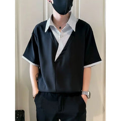 Threebooy Fashion Patchwork Striped Short Sleeve Shirt Men Summer Trendy Casual