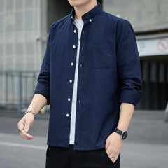 Threebooy Spring and Autumn Men Long-sleeved Slim Shirts Solid Color Versatile Business Casual Tops Cotton