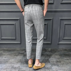 Threebooy New Slim Thin Section Lattice Small Feet Nine-point Suit Pants Men's Summer Youth Korean Fashion Business Casual Trousers