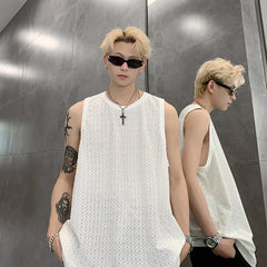 Threebooy Men Ice Silk Hellow Sleeveless TShirts O-Neck Vest Summer Male Loose Casual Tank Tops Fashion Oversized Singlets Male Clothing
