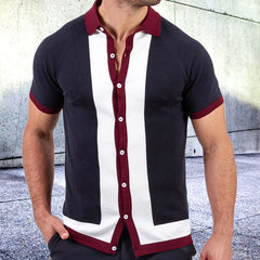 Threebooy Men's Light Luxury Business Knitted Polo Shirt Leisure Turn Down Collar Button Short Sleeve Shirts Breathable Patchwork Knitwear