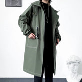Threebooy Mens Military Green Hooded Trench Coat 2025 Mid Length Outdoor Casual Trendy Youth Topstitching Patch Pockets Unique Fashion
