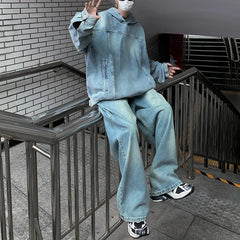 Threebooy Men's Trendy Washed Denim Hoodie Set