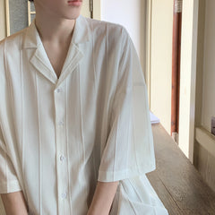 Threebooy Spring Summer Casual Simple Men's Solid Pleated Blouse Lapel Short Sleeve Streetwear Male Loose Leisure Shirts Men Clothing