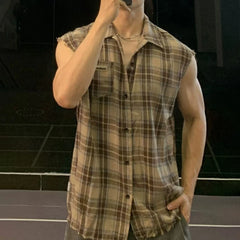 Threebooy Summer New Men's Plaid Sleeveless Vest Y2k American Retro Fashion Trend Casual Street Simple Oversize Gym Sports Men's Tops