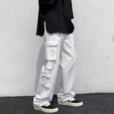 Threebooy Male Trousers White Aesthetic Men's Cargo Pants Wide Multi Pocket Summer Multipockets Straight Clothing Long Fashion Regular Fit