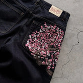 Threebooy Y2K Baggy jeans Cherry Blossom Selvedge Embroidery Denim Pants men women denim fabric American Hiphop Streetwear Wide Leg Jeans