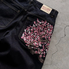 Threebooy Y2K Baggy jeans Cherry Blossom Selvedge Embroidery Denim Pants men women denim fabric American Hiphop Streetwear Wide Leg Jeans