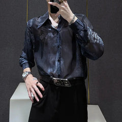 Threebooy Mens Snake Patterned Mesh Hollow Semi Transparent Long Sleeved Shirt Summer Sun Protection Casual Breathable Top Men's Clothing