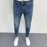Threebooy Autumn and Spring Fashion Solid Color Retro Straight Blue Jeans Men's Casual Slim Fit Comfortable Breathable High Quality Pants