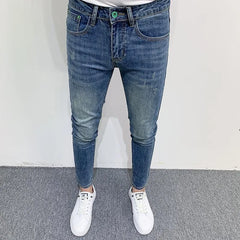 Threebooy Autumn and Spring Fashion Solid Color Retro Straight Blue Jeans Men's Casual Slim Fit Comfortable Breathable High Quality Pants