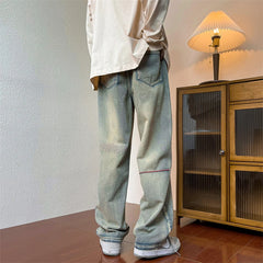 Threebooy Autumn New Style American Retro Straight Jeans for Men Embroidery Design Wide Leg Pants Korean Style Trendy Casual Trousers