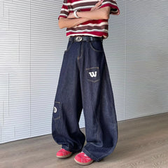 Threebooy Summer New Men's Solid Color Scimitar Wide Leg Jeans American Retro Fashion Trend Casual Simple Loose Niche Men's Bottoms
