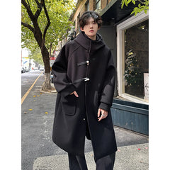 Threebooy High Street Horn Button Woolen Trench Men Preppy Casual Long Loose Windbreaker Winter Hooded Jacket Coats Fashion Trenchcoat