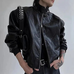 Threebooy Y2k Mens Leather Jacket Pocket Shoulder Pads Motorcycle Leather Jacket Autumn Cold Windproof Jacket Men's Clothing Unisex