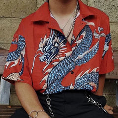 Threebooy Summer Clothing Men's Loose Stylish Hip Hop Shirt Casual Graphics Dragon Printed Mid-sleeved Shirts for Men Fashion Big Size Top