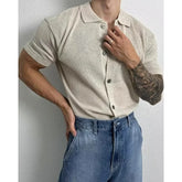 Threebooy Korean Style Short Sleeve Polo Shirt Men's Casual Loose Knitted Button Cardigan Summer New Fashion Urban Fashion Polyester Fiber