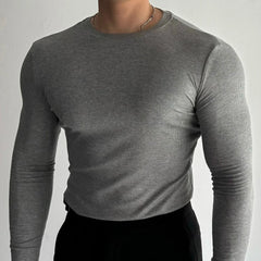 Threebooy Threaded Round Neck Gym Long-Sleeved T-Shirt Mens Autumn Fashion Bottoming Shirt Advanced Casual Slim Elastic Muscle Fitness Top