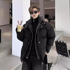 Threebooy Winter Warm Cotton Jacket Men's Denim Fake Two-piece Spliced Stand up Collar Casual Autumn Winter Coat