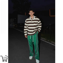 Threebooy Autumn American Retro Striped POLO Shirt Men's Trend High Street Vintage Top High-end Casual Loose Sweatshirt Preppy Lapel Shirt