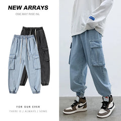 Threebooy Men's Loose Big Pocket Wash Jeans Fashion Trend Casual Pants Blue/black Baggy Homme Trousers Big Size M-5XL