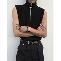Threebooy High Street Zipper Patchwork Tank Tops Men's Summer New Sleeveless Solid Simplicity Casual Pullovers Fashion Trend Men Clothing