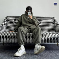 Threebooy Men Women Gray Hoodie Set Loose Thick Fleece Tracksuit Minimalist Streetwear Unisex Fashion Fall Winter Warm 2 Piece Outfit