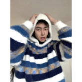 Threebooy American retro contrasting blue white striped hooded sweater casual lazy style knitted sweater top