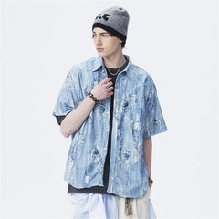 Threebooy Summer Denim Short Sleeve Shirts Men Streetwear Hip Hop Ripped Hole Jeans Shirt Oversized Harajuku Tie Dye Casual Blouse Male