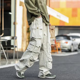 Threebooy Men's Multi-pockets Cargo Pants Autumn Vintage Solid Color Hiphop Overalls Baggy Casual High Street Mopping Trousers