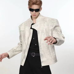 Threebooy 90s Streetwear Autumn Standing Collar Motorcycle Leather Jacket Men's Loose Short Shoulder Padded American Retro PU Jacket Jacket