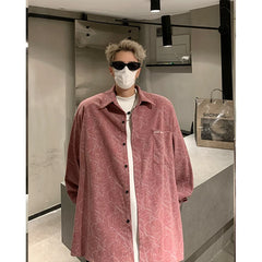Threebooy Men's Tie-dye Corduroy Shirts Long Sleeve Streetwear Shirt Korean Style Woman Men Soft Loose Casual Shirt Autumn New Pink/Black
