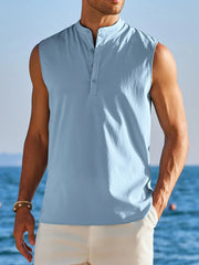 Threebooy Men's Casual Hippie Style Collarless Henley Neck Tank Tops Streetwear Solid Color Loose Fit Tees Summer Clothing New T-shirt