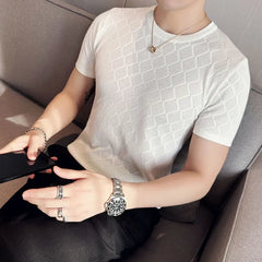 Threebooy Clothing Men Summer Casual Short Sleeve Ice Silk knit T-shirt/Male High Quality Fashion Round Neck Hollow Out T-shirt