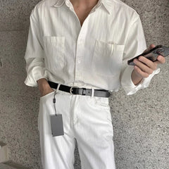 Threebooy New Men Luxury Korean Style Shirts Casual Long Sleeve Drapped Solid Color Button-down Cardigan Fashion Business Leisure Blouse