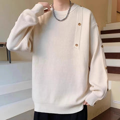 Threebooy Winter Men's Button-Design Round Neck Sweaters Korean Fashion Solid Color Knitted Pullovers Retro High Street Y2K Knitwear