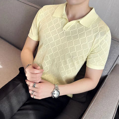 Threebooy Male Spring Slim Fit Knitting Polo Shirts British Style Men's Summer Casual Hollow Out Short Sleeves Polo Shirts S-3XL