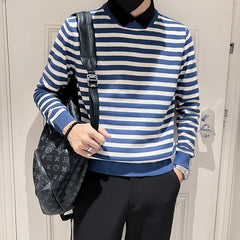 Threebooy Fake 2 Pieces Shirt Neck Stripe Knitting Sweaters/Male Slim High Quality Casual Pullover/Man Fashion Knit Shirt Size S-4XL
