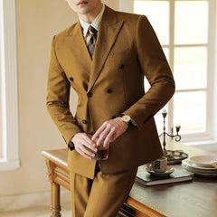 Threebooy (Jacket + Pants) 2 Pieces Set New Men's Casual Boutique Business Double-breasted Dress Wedding Groom Suit Coat Blazers Trousers