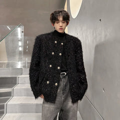 Threebooy Men's Double-breasted Woolen jacket Cardigan Autumn Winter Trend Collarless Jacket Fashion Korean Style Chic Elgance Coat